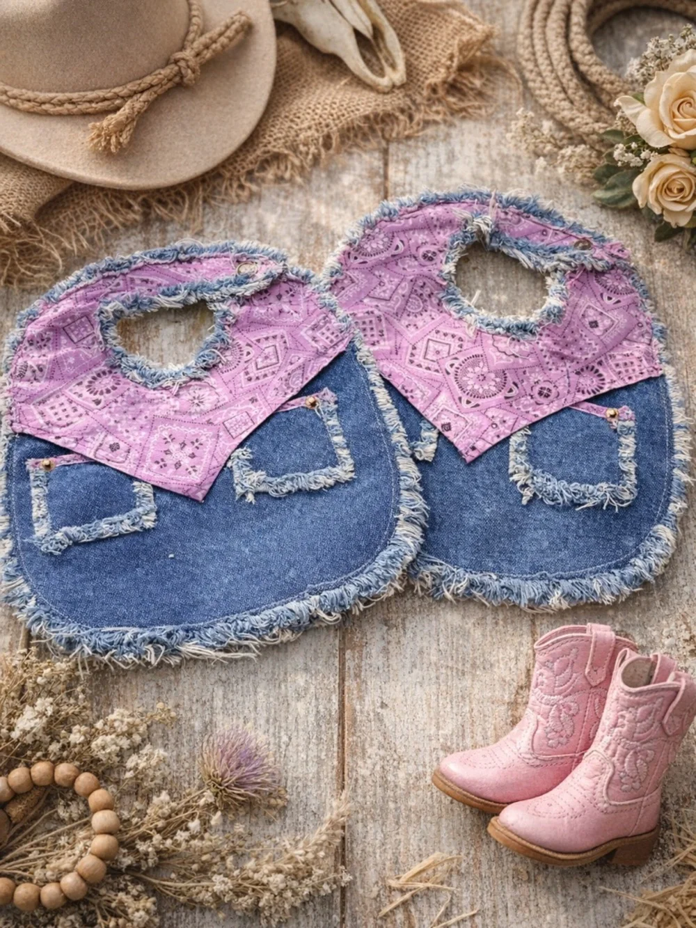 Western Baby Cowgirl Denim Bandana‎ Bib Set / Rodeo Outfit Photo Prop”